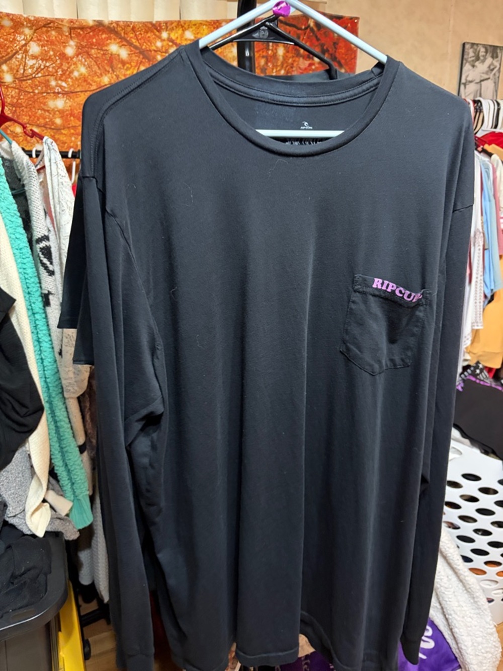 Rip Curl Men's Black Long Sleeve Pocket Tee - Pink Logo - Size [L/XL]